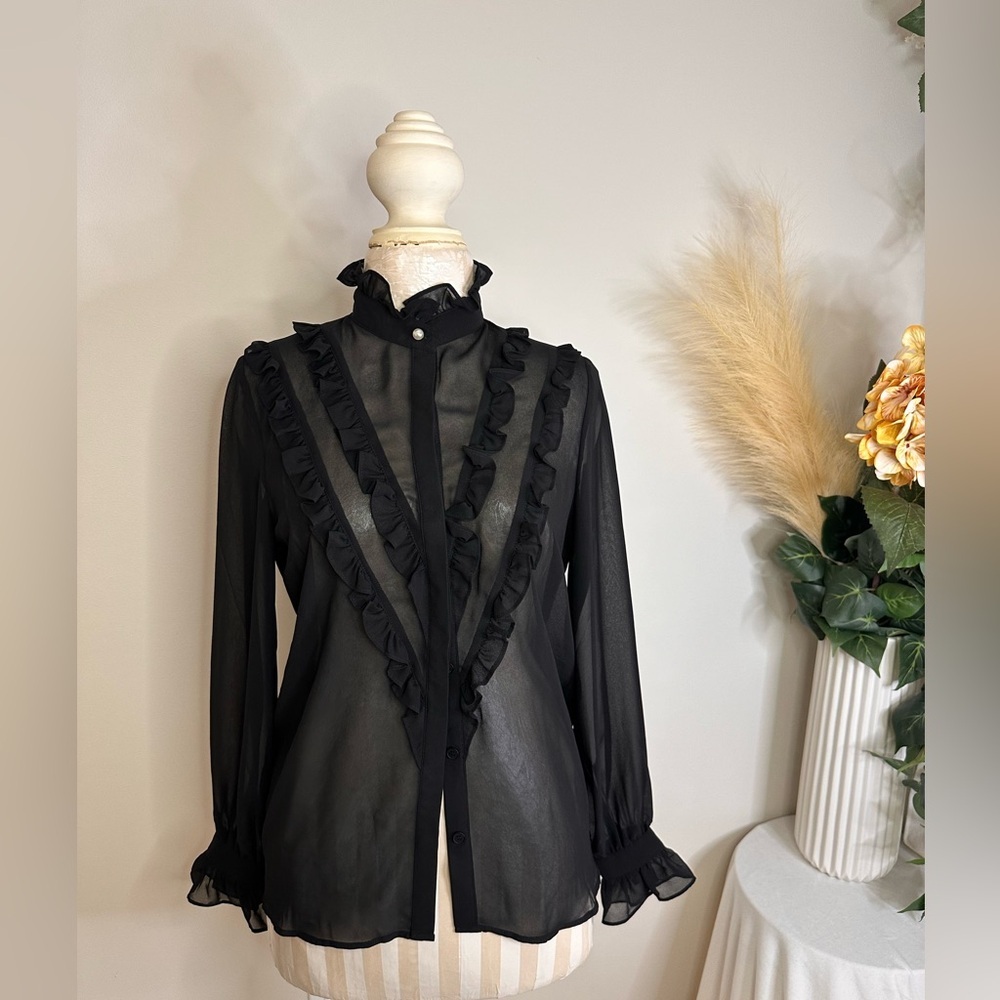 BLUE GIRL FOLLIES Black Sheer Ruffle and Pearl Detail Top‎ Sz IT 40 NWT A 0268B3